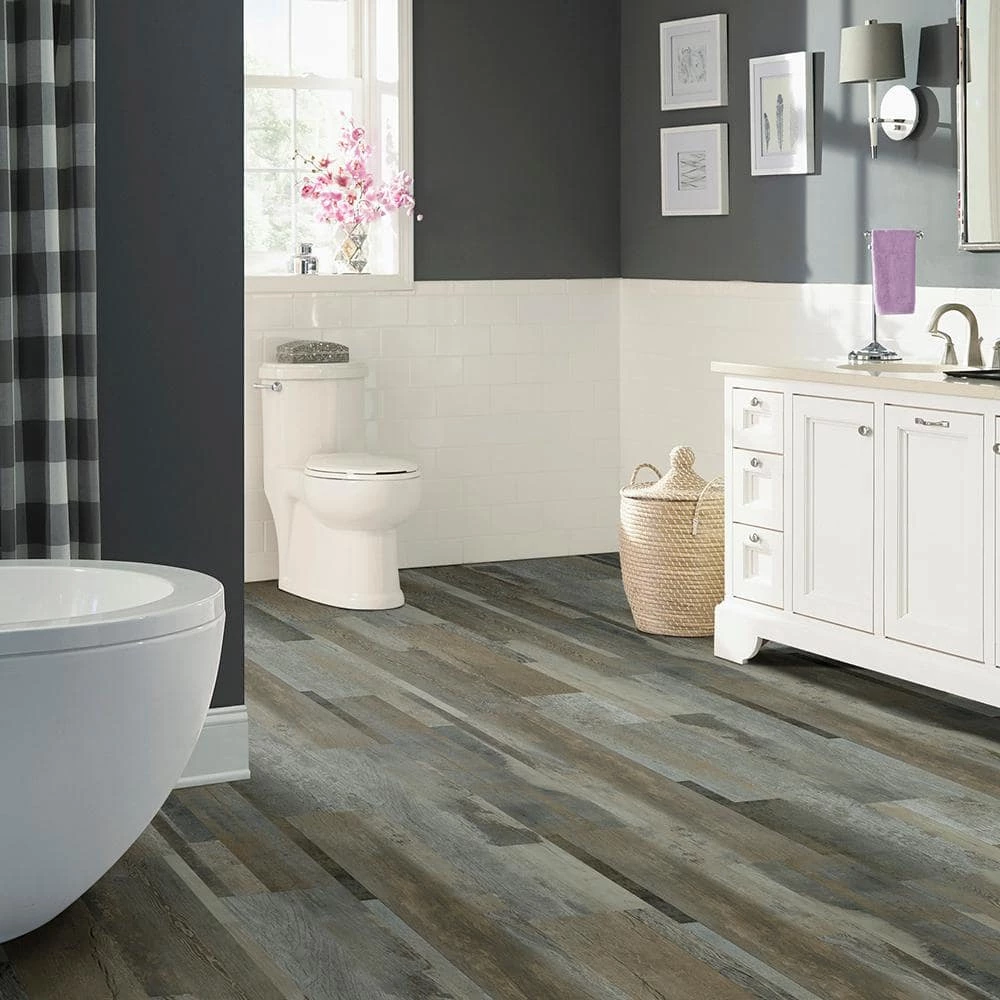 Grey Distressed Wood Multi-Width Look 6 in. x 36 in. Peel and Stick Vinyl Plank (36 sq. ft. / case) by TrafficMaster 5 Grey Distressed Wood Multi-Width Look 6 in. x 36 in. Peel and Stick Vinyl Plank (36 sq. ft. / case) by TrafficMaster - Image 3